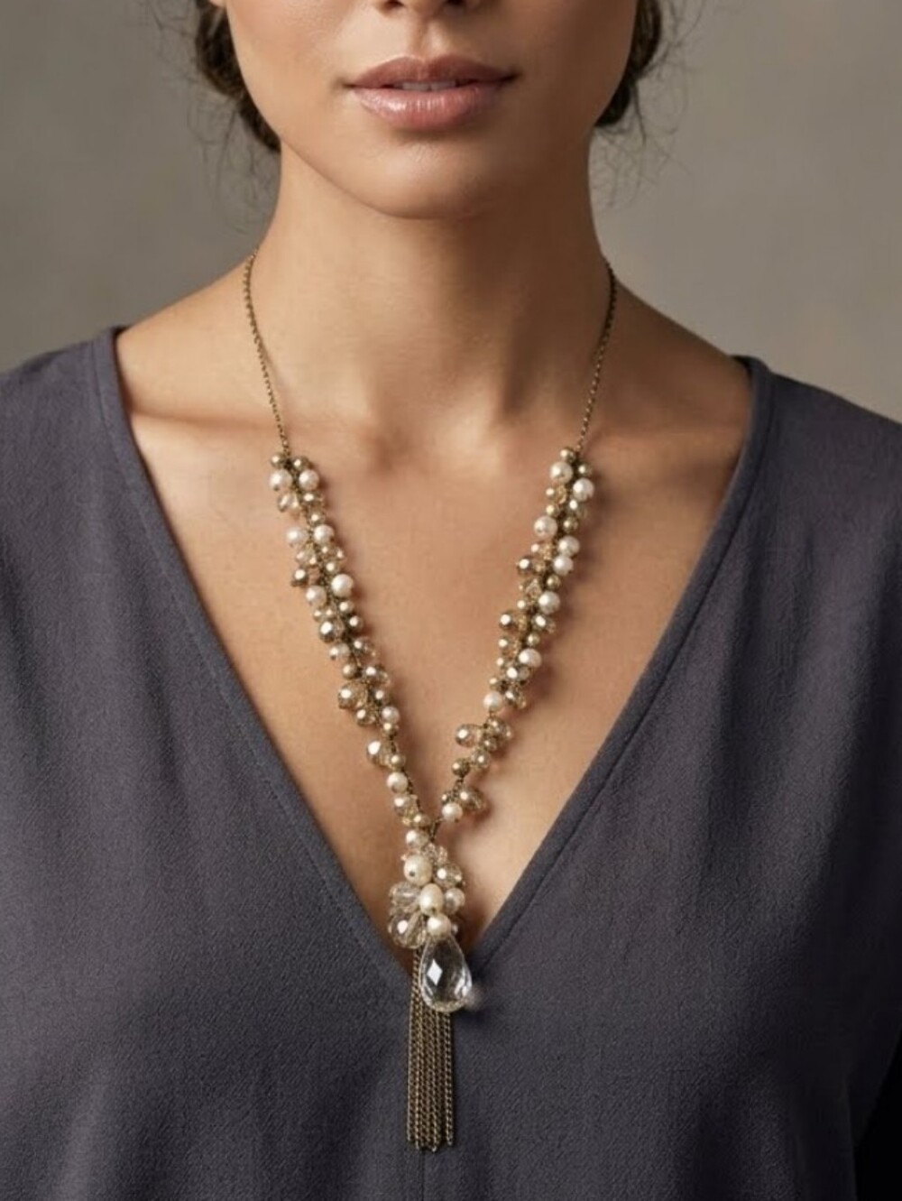 N4085 Elegant Cream Beaded Tassel Necklace Delicate Pearl Accent Crystal Pendant